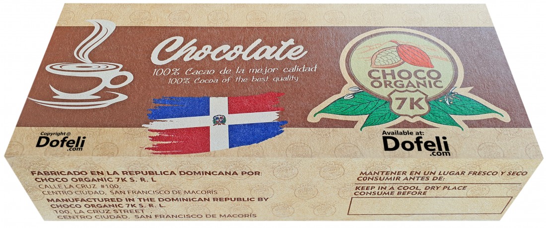 Dominican Republic Choco Organic 7K chocolate, handmade tablets with pure cocoa richness.